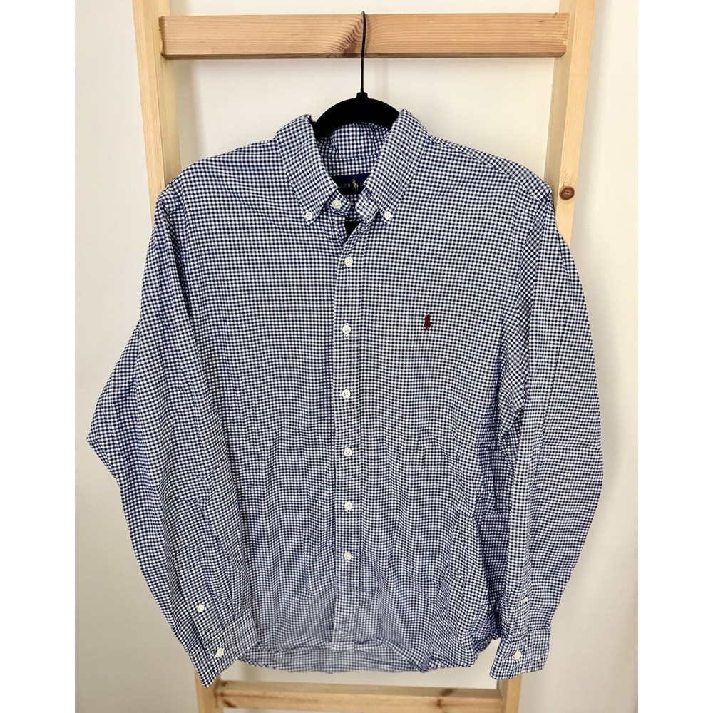 Ralph Lauren Shirt Mens Blue Check Gingham Red Pony Long Sleeve Button Up LG (B2